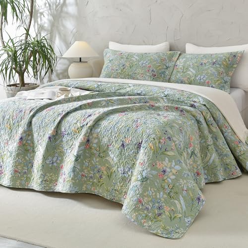 Lady Ann Green Floral Cotton King Quilt Set with Pillow Shams - All Season Botanical Bedding