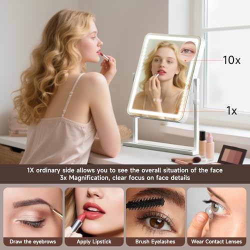 Vanity Mirror with Lights, Height-Adjustable & 360¡Æ Rotation, 1/10X Magnification, Three Color Lighting Modes, Makeup Mirror Smart Touch Control, Large Vanity Desk Mirror (17.5in,White)