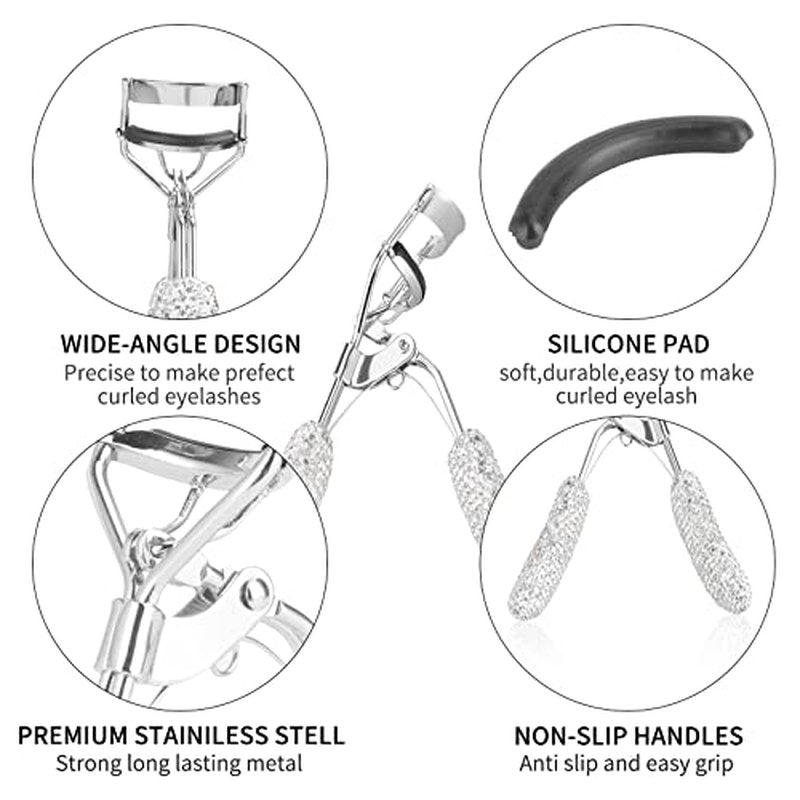 Bling Rhinestone Eyelash Curlers Stainless Steel Natural and Long Lasting Eyelash Fit for All Eye Shape Curved Lash Curler (White)