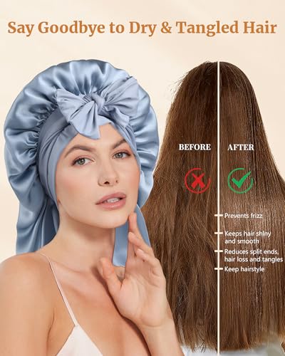 Mulberry Silk Bonnet for Long Hair - Sleeping Women & Kids, Haze Blue