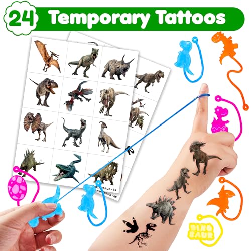 48PCS Dinosaur Party Favors - 24PCS Temporary Tattoos & 24PCS Stick Hands - Perfect Birthday Party Supplies, Goodie Bag Stuffers, Treasure Box Toys, Classroom Prizes, and Student Gifts