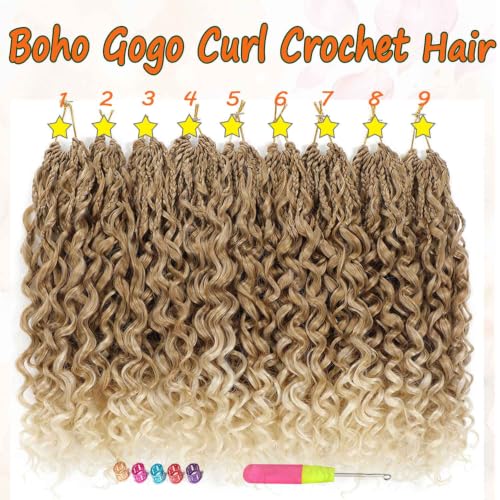 Boho Gogo Curl Crochet Hair 18 Inch 9 Packs - Protein Fiber Pre-Looped Curly Extensions - 27/613 Blonde