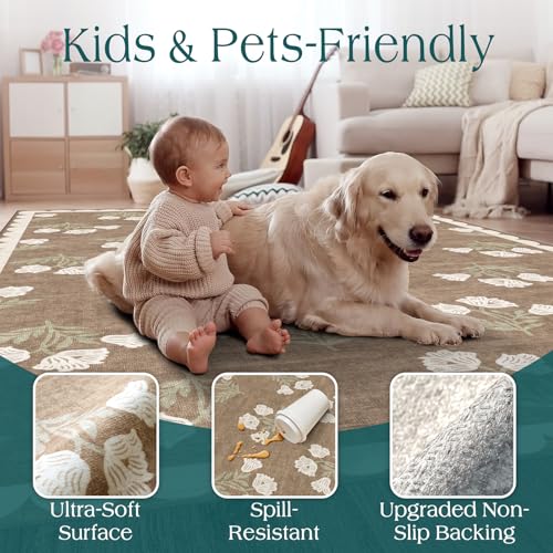 Boho Tan 6x9 Living Room Rug - Washable Floral Farmhouse Area Rug with Non-Slip Backing