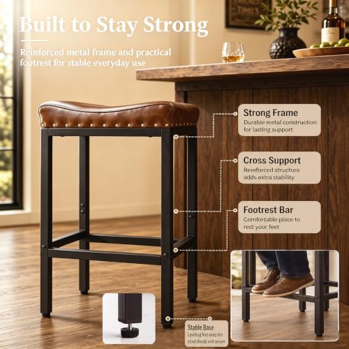 Brown 25.5-inch Counter Height Bar Stools Set of 2 with Nailhead Trim