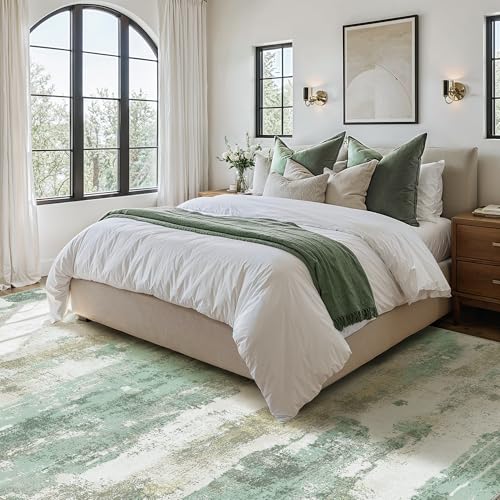 Light Green & Cream 6x9 Abstract Area Rug - Washable Non-Slip Bedroom Decor