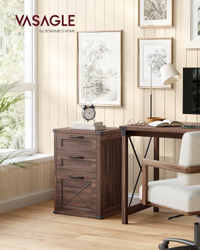 VASAGLE Maroon Brown 3-Drawer File Cabinet with Printer Stand, Fits A4 Letter