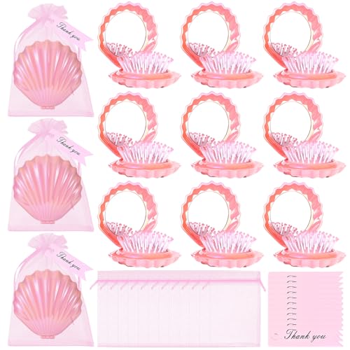 Pink Shell Shape Foldable Travel Makeup & Hair Mirror Set - 12 Pcs Gift Set