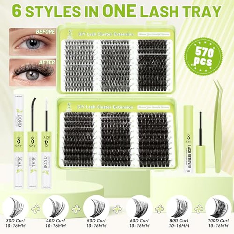Lash Clusters Kit 570pcs 6 styles 30D-100D D Curl Individual Wispy Natural Eyelash With Eyelash Bond and Seal Eyelash Remover and Tweezer DIY at Home Makeup Cosmetic