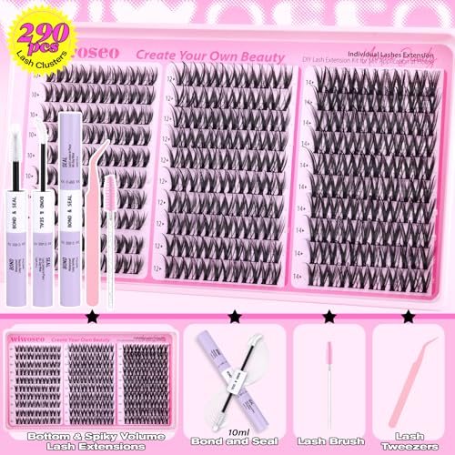 wiwoseo Flora Lash Clusters Kit Wispy Eyelash Clusters D Curly Flaunt Eyelash Extensions Kit DIY Lash Extension Kit Natural Individual Lashes Clusters with Clear Bond and Seal for Beginners (10-14MM)