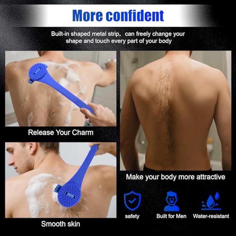 Back& Body Shaver for Men,Back Hair Trimmer for Men with Long Bendable Ergonomic Silicone Handle,10 of The Wet or Dry Disposable Razor Blades,Bath Brush Included(Blue)