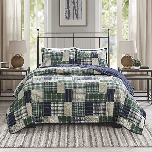 Timber Green/Navy 3 Piece Reversible Quilt Set for Queen Bed - Farmhouse Style