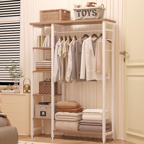Open Garment Clothing Rack with Shelves & Hanging Rod - White