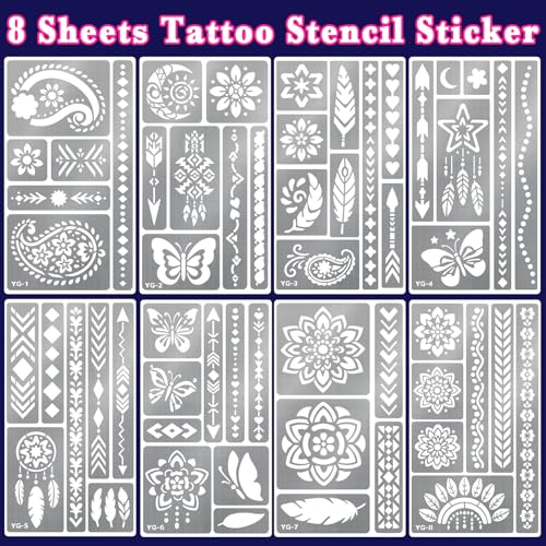 Glow in the Dark Temporary Tattoo Markers for Face Paint, 4PCS UV Neon Body Markers + 8 Sheets Temporary Tattoo Stencil for Adult, Flexible Brush Tip, Cosmetic Tattoo Pen, DIY Body Art Set