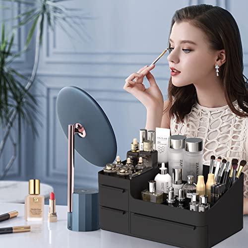 Stackable Makeup Organizer with Drawers for Vanity and Bathroom Counter Black
