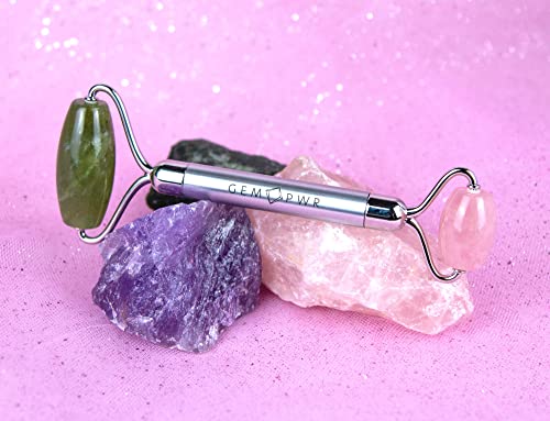 Jade and Rose Quartz Facial Roller for Face and Neck Massage - Dual Gemstones with Travel Bag - Minimize Wrinkles & Puffiness, Boost Skin Elasticity (Variation: Jade + Rose Quartz)