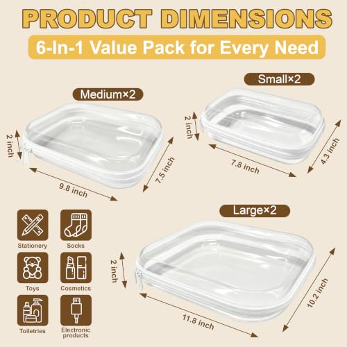 6 Pack Clear Hard Shell Makeup & Travel Organizer Bags - Small, Medium, Large