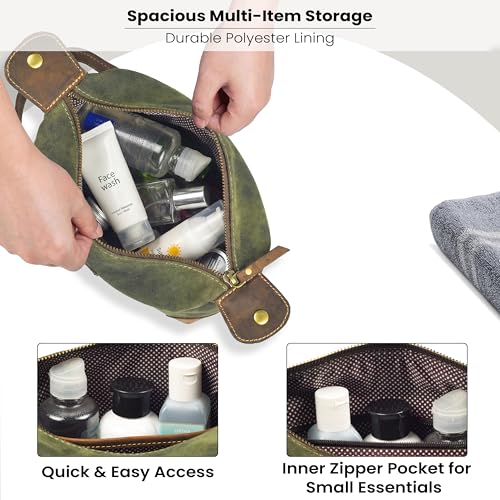 LEATHER VILLAGE Genuine Leather Dopp Kit for Men & Women ? Travel Vintage Toiletry Bag with Waterproof Lining, Shaving & Bathroom Essentials Organizer - Green