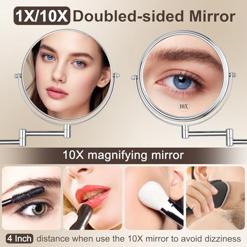 Silver Wall Mounted Magnifying Mirror with 10x Magnification & Adjustable Arm