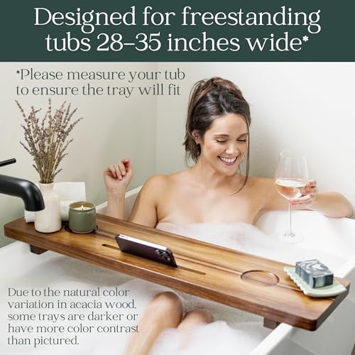 Nature Shed Premium 35-Inch Acacia Wood Bathtub Tray - Large, Adjustable, Anti-Tip Freestanding Caddy with Bathroom Accessories Holder