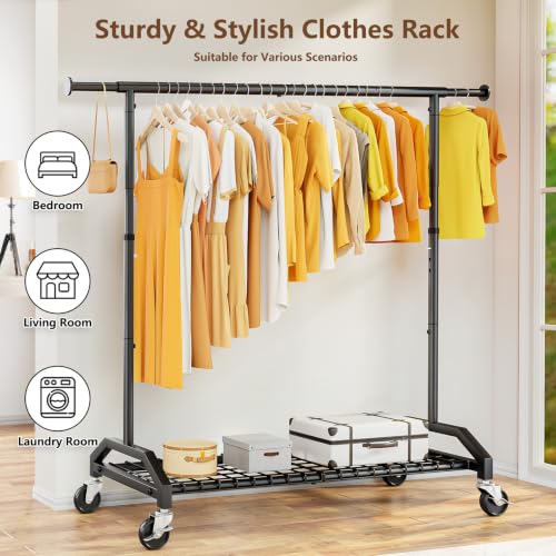 Wiracks Heavy Duty Black Clothes Rack with Extendable Rod & Wheels, 350lbs Capacity