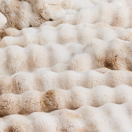 Wonderful Faux Rabbit Fur Queen Comforter Set Tie Dye Beige Plush Bedding Winter