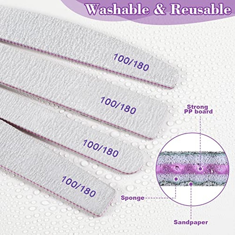 200 Pcs 4 Styles Nail Files Bulk 100/180 Grit Double Sides Professional Reusable Emery Board Nail Files for Acrylic Manicure Tools Suit for Home Salon