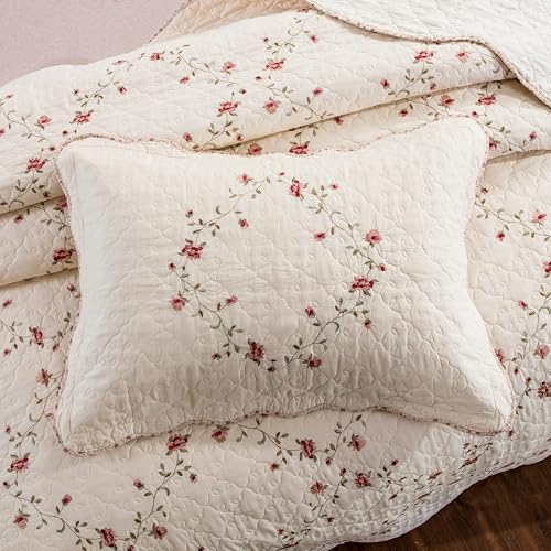 Pink Floral Embroidery Quilt Set with Leaves 3D Pattern - Queen Size Reversible Cotton Bedding