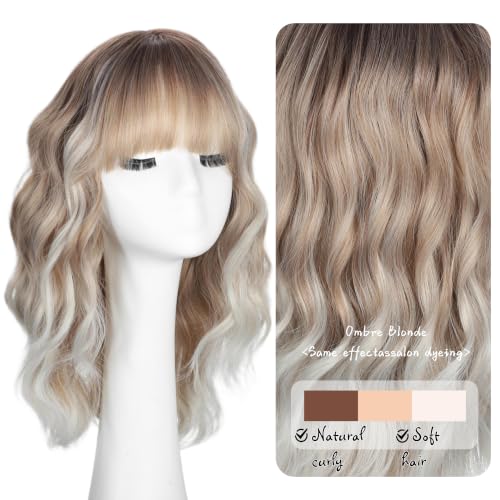 iAelev 16 Inch Ombre Blonde R60 Wavy Synthetic Wig with Bangs for Women