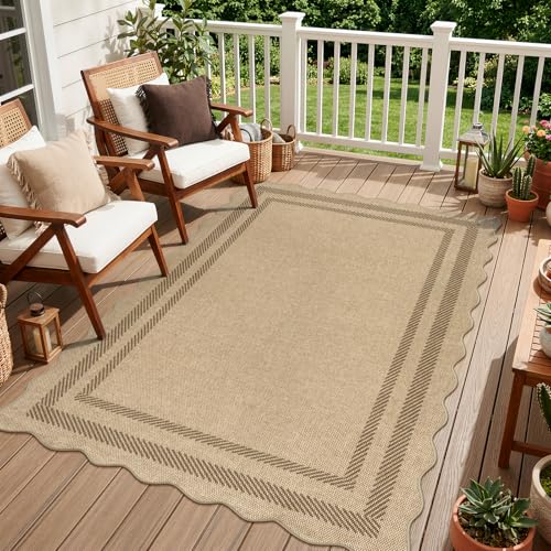 4x6 Outdoor Washable Jute Area Rug with Non-Slip Back - Tan Geometric Indoor Outdoor Mat