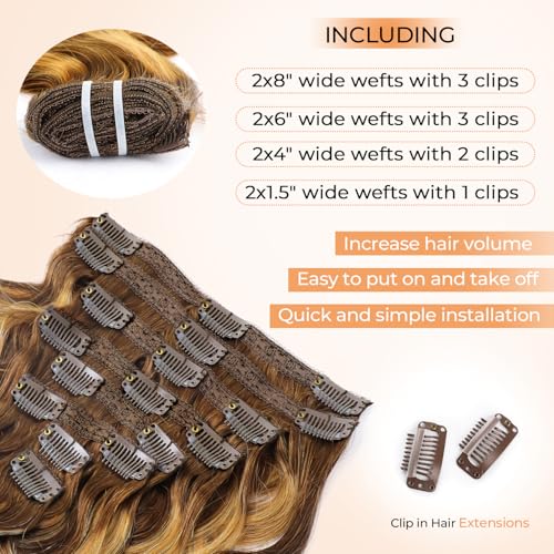 Chocolate Brown to Caramel Blonde 18 Inch Clip In Hair Extensions - Body Wave, 8 Pcs, 80g