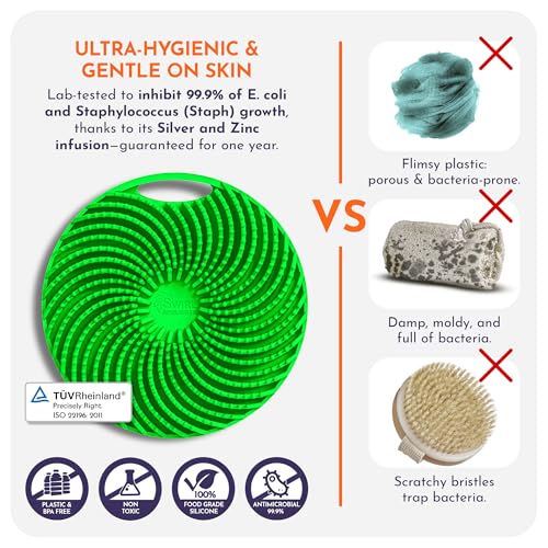 Antimicrobial Silicone Body Scrubber - Green - Shower Hanger & Deep Exfoliation