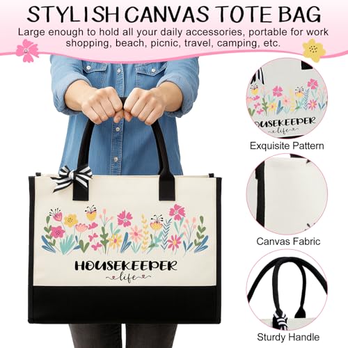 Leinuosen 12 Pcs Housekeeping Gift Set for Women Trapezoid Grocery Canvas Tote Bag with Handle Makeup Bag Mug Scented Candle Novelty Socks for Housekeeper Employees Staff Cleaning Lady Gifts