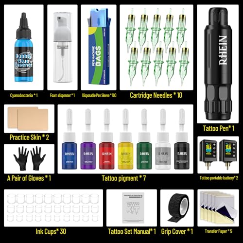 RHEIN Wireless Rotary Tattoo Pen Kit for Beginners - Complete Starter Set with 2 Power Supplies & Needles