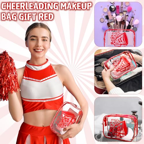 Kacctyen 24 Pcs Cheer Team Gifts Cheer Makeup Bag Bulk for Team Sport Gifts PVC Clear Cosmetic Bag Cheerleader Makeup Case Toiletry Zipper Pouch for Sport Cheerleading, 7x4.7x2.4''(Red)