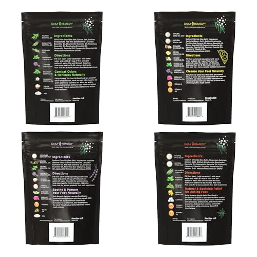 DAILY REMEDY Foot Soak Salts- Variety Pack of 4- Tea Tree Oil, Muscle Relief, Calming Lavender & Citrus Soak- For Foot Pain, Soreness, Athlete¡¯s Foot, Odors, Calluses-Made In USA | Tea Tree Oil, Calming Lavender, Citrus Soak, For Foot Pain, Made In USA