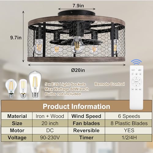 20-Inch Rustic Farmhouse Caged Ceiling Fan with Lights & Remote - Wood Flush Mount Variant