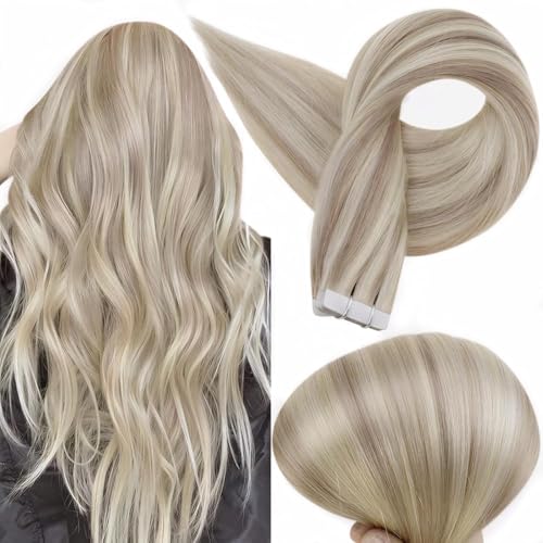 Full Shine Tape-In Hair Extensions Human Hair Ash Blonde 18/613, 12 Inch - Blended with Beige Blonde Variation P18/613