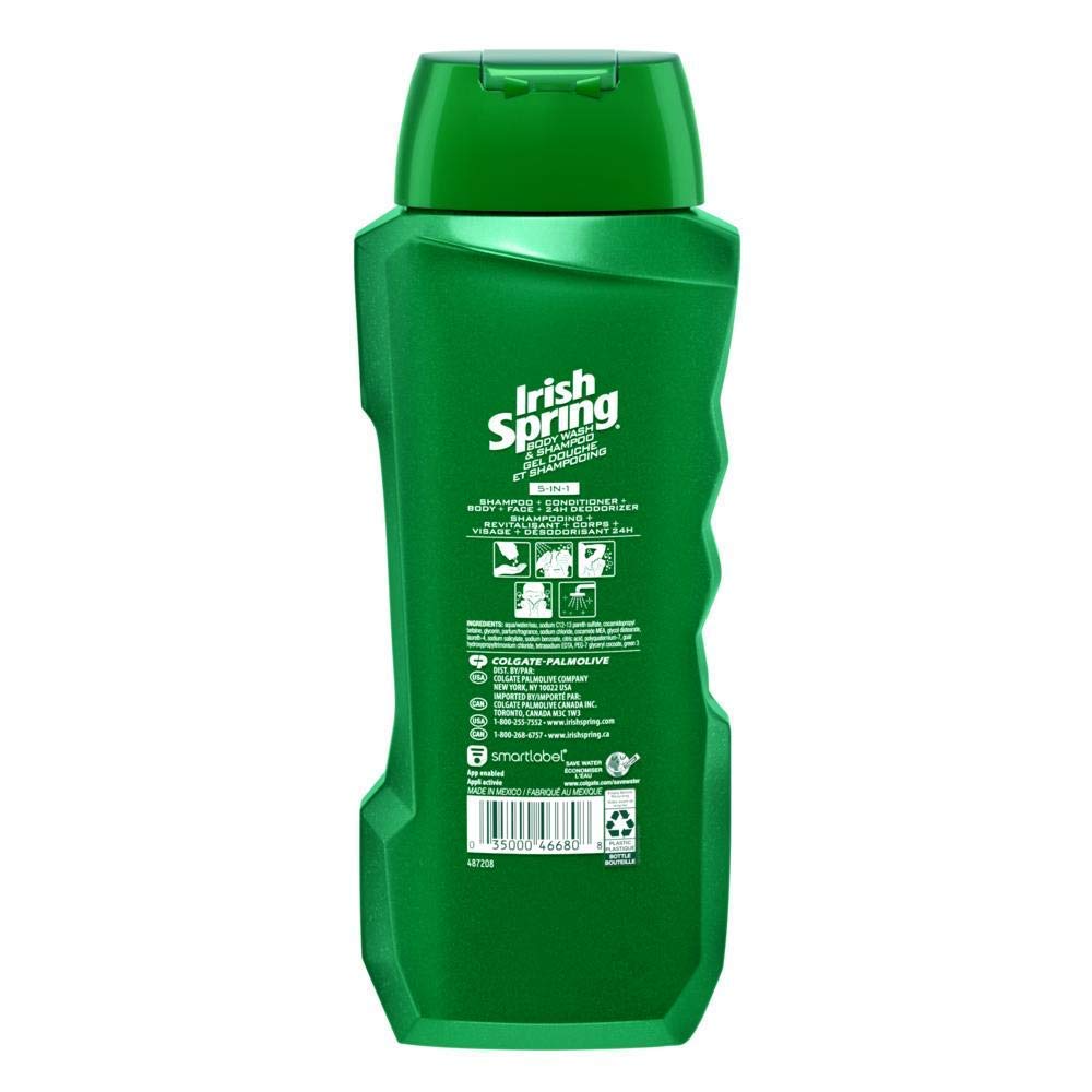 Irish Spring 5-in-1 Shampoo, Conditioner, Body Wash, Face Wash and Deodorizer, 18 oz (Pack of 2)