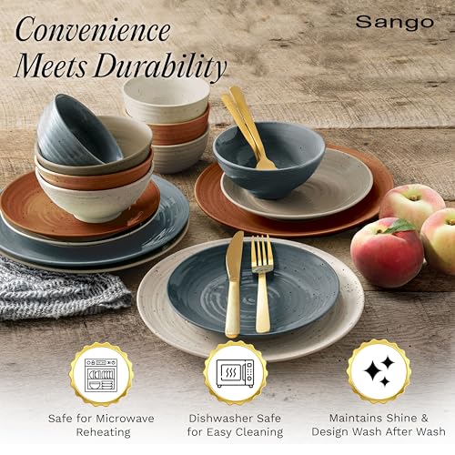 Sango Siterra Rustic Mix 16-Piece Stoneware Dinnerware Set for 4 - Chip-Resistant, Food Safe