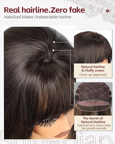 Dark Sandalwood Brown Wavy Wig with Bangs - 22 Inch Voluminous High Crown Synthetic Hair - Realistic Scalp, Adjustable Fit, Office & Casual Styles - Variation: Dark Sandalwood Brown