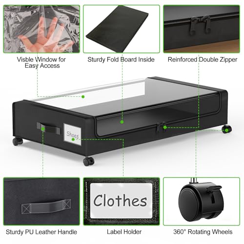 Under Bed Storage Containers with Wheels - 4 Pack, Clear Lids, Black