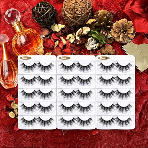 Eliace False Eyelashes Natural look 14mm, 15 Pairs Cat Eye Lashes Wispy Strips, 3D Mink Lashes Fake Eyelashes Fluffy Volume Dramatic Thick Cross Wispies Lash Thin Soft Band Comfortable Dubai Style