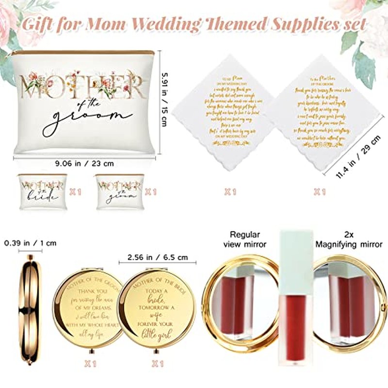 Coume 6 Pack Mother of The Bride Gifts Mother of The Groom Gifts Set with 2 Flower Themed Cosmetic Bags 2 Makeup Mirror 2 Handkerchiefs for Women Wedding Engagement Proposal Bridal Shower