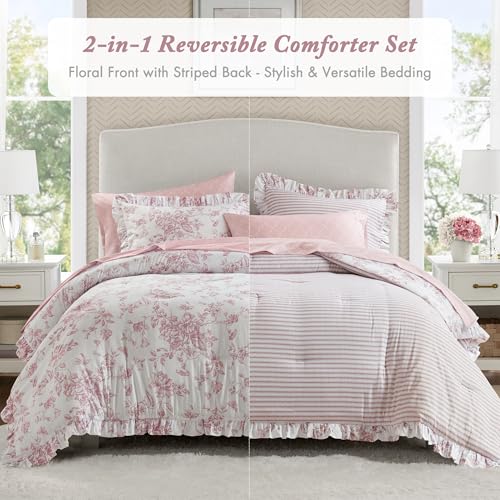 Pink Floral Comforter Set with Sheets - Full Size 7pc Reversible Bedding
