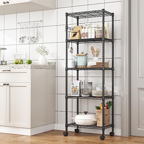 5-Tier Wire Shelving Unit on Wheels - Adjustable Metal Storage Rack, Black, 23.23 x 13.78 x 72.05 inches