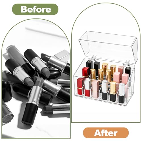 Foraineam 3 Pack Lipstick Holder Organizer with Lid, 18 Spaces Clear Acrylic Lipstick Display Stand Container, Dust-proof Beauty Makeup Storage Case for Cosmetic Dresser Vanity Cabinet Display