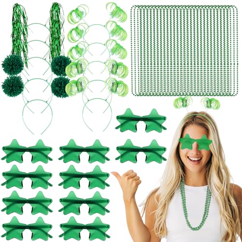 50 Pcs Green Holiday Party Accessories Pom Pom Party Headbands Star Shape Sunglasses Bead Necklaces Stuff Favors for Birthday Wedding Supplies(Classic)