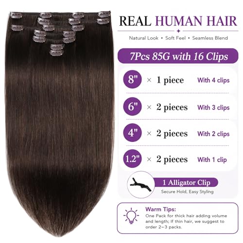 Clip in Hair Extensions Real Human Hair Medium Brown 16 Inch - #4 Variation