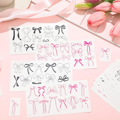 Blulu 120 Pcs Bow Temporary Tattoos Sticker Birthday Party Decoration Cute Core Bow Pre-cut Tattoos Sticker Gift Accessories for Women Bachelorette Wedding Music Festival Classroom School