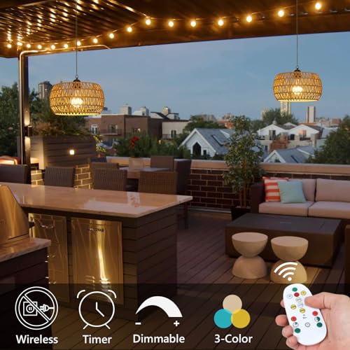 Battery Operated Rattan Pendant Light with Remote - 11.8” Boho Outdoor Chandelier for Porch & Indoor Use - Variation 1